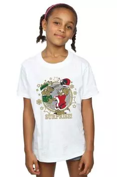 Хлопковая футболка с рождественским сюрпризом Tom & Jerry, белый