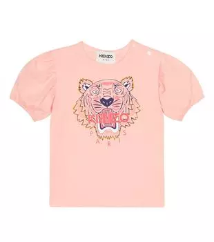 Хлопковая футболка с тигровым принтом Kenzo Kids, розовый