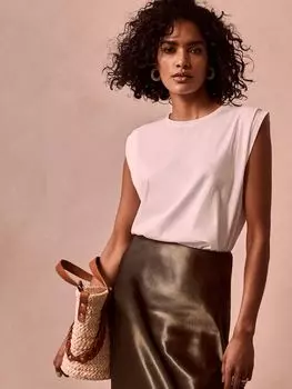 Хлопковая футболка с удлиненными плечами из мятного бархата, белая