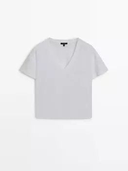 Хлопковая футболка с v-образным вырезом Massimo Dutti, белый