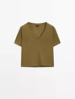 Хлопковая футболка с v-образным вырезом Massimo Dutti, зеленый