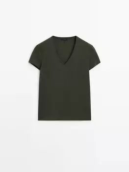 хлопковая футболка с V-образным вырезом Massimo Dutti, зеленый