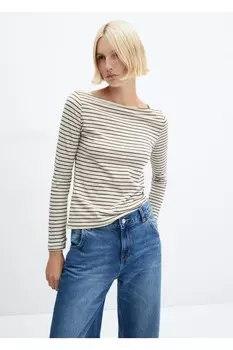 Хлопковая футболка с вырезом «лодочка» Mango, бежевый