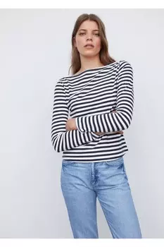 Хлопковая футболка с вырезом «лодочка» Mango, темно-синий