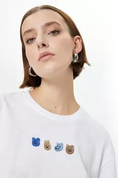 Хлопковая футболка с вышивкой «Мишки Тедди» Koton, белый