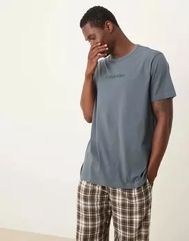 Хлопковая футболка синего цвета с вышитым логотипом Calvin Klein