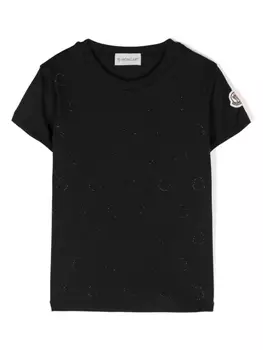 Хлопковая футболка со стразами и логотипом Moncler Enfant, черный