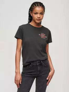 Хлопковая футболка со стразами и татуировкой Superdry, древесный уголь