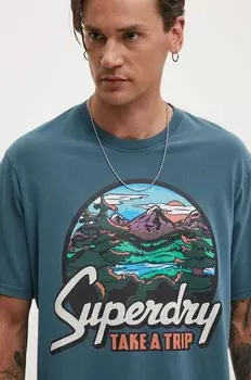 Хлопковая футболка Superdry, бирюзовый