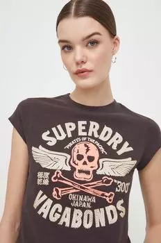 Хлопковая футболка Superdry, коричневый