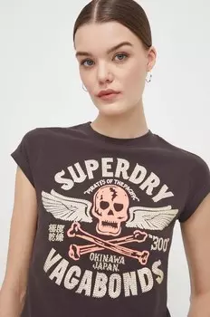 Хлопковая футболка Superdry, коричневый