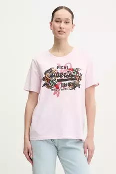 Хлопковая футболка Superdry, розовый