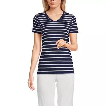 Хлопковая футболка свободного кроя Petite Lands' End с V-образным вырезом Supima, цвет Navy Breton Stripe