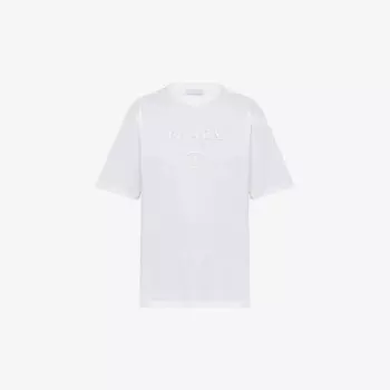 Хлопковая футболка свободного кроя с фирменной вышивкой Prada, белый