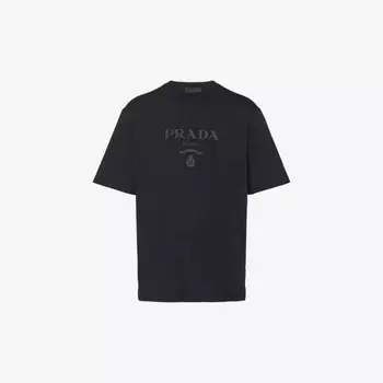 Хлопковая футболка свободного кроя с фирменной вышивкой Prada, черный