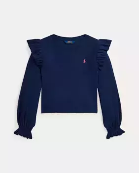 Хлопковая футболка темно-синего цвета для девочки Polo Ralph Lauren, темно-синий