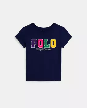 Хлопковая футболка темно-синего цвета для девочки Polo Ralph Lauren