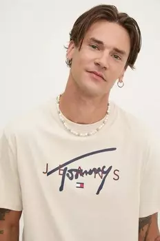 Хлопковая футболка Tommy Jeans, бежевый