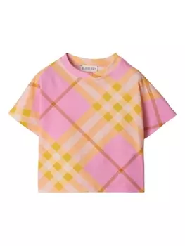 Хлопковая футболка в клетку Burberry Kids, розовый