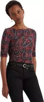 Хлопковая футболка в клетку с узором пейсли и вырезом-лодочкой LAUREN Ralph Lauren, цвет Red/Black/Multi