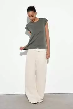 Хлопковая футболка в реблу ZARA, хаки