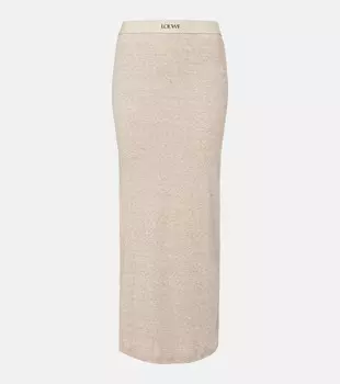 Хлопковая и шерстяная макси-юбка с логотипом Loewe, Beige Melange
