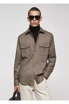 Хлопковая куртка-рубашка с нагрудным карманом Mango, бежевый