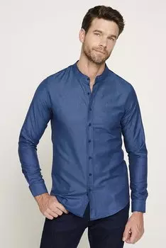 Хлопковая мужская рубашка с тонким воротником, легкая глажка, темно-синяя TUDORS