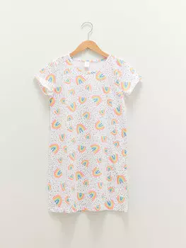 Хлопковая ночная рубашка для девочек с круглым вырезом и короткими рукавами с принтом LCW Kids, оптический белый печатный