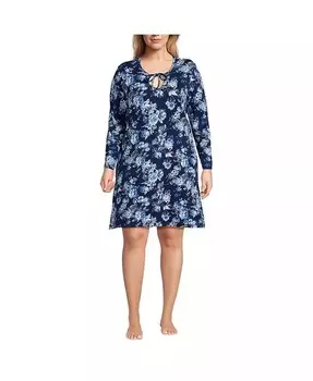 Хлопковая ночная рубашка интерлок больших размеров длиной выше колена с длинными рукавами Lands' End, синий