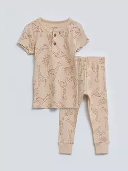 Хлопковая пижама для мальчика с круглым вырезом и коротким рукавом с принтом LCW baby