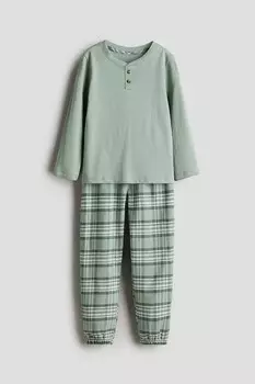 Хлопковая пижама H&M, зеленый