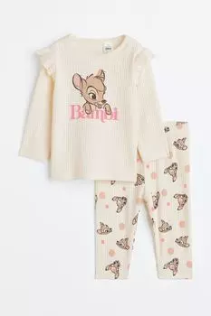 Хлопковая пижама с принтом H&M, крем/бэмби