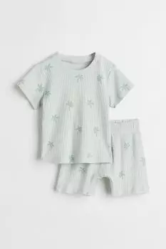 Хлопковая пижама в полоску H&amp;M, светло-зеленый/пальмы