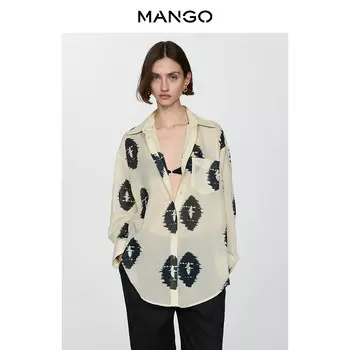 Хлопковая полупрозрачная рубашка Mango с принтом, светло-бежевый