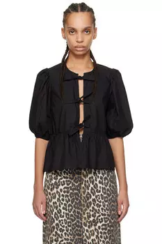 Хлопковая поплиновая блузка с баской и завязками Ganni, черный