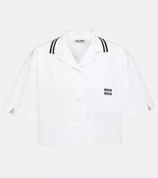 Хлопковая поплиновая укороченная рубашка с логотипом Miu Miu, белый