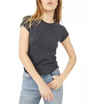 Хлопковая рубашка Free People Be My Baby с круглым вырезом и короткими рукавами, асимметричный подол, черный