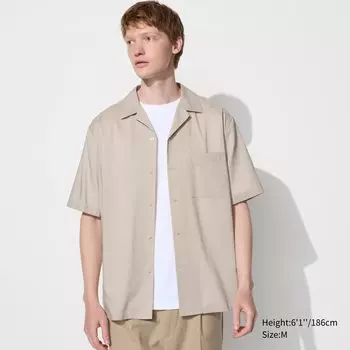 Хлопковая рубашка из модала с открытым воротником и короткими рукавами UNIQLO, бежевый
