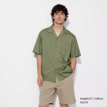 Хлопковая рубашка из модала с открытым воротником и короткими рукавами UNIQLO, оливково-зеленый