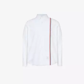 Хлопковая рубашка классического кроя в полоску с фирменной нашивкой Thom Browne, белый