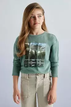 Хлопковая рубашка Mayoral с длинными рукавами для мальчиков и девочек, зеленый