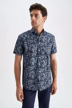 Хлопковая рубашка обычного кроя с короткими рукавами и рисунком DeFacto, темно-синий