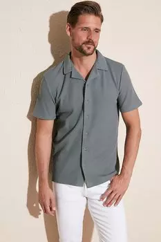 Хлопковая рубашка обычного кроя с открытым воротником и короткими рукавами 5902700 Buratti, светлый хаки