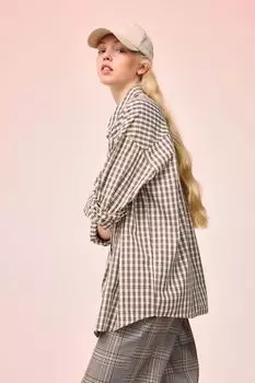 Хлопковая рубашка оверсайз H&amp;M, светло-бежевый/клетка