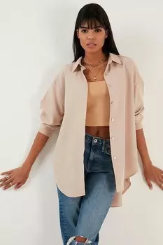 Хлопковая рубашка оверсайз, короткая спереди и длинная сзади 6234785 Lela, серый