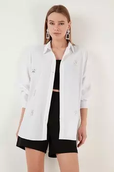 Хлопковая рубашка оверсайз с блестящими камнями 6234784 Lela