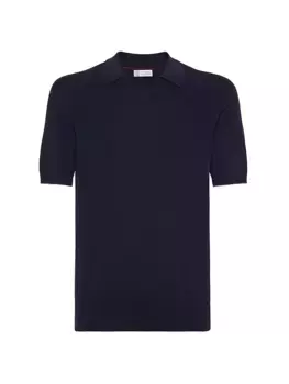 Хлопковая рубашка-поло английской вязки в рубчик Brunello Cucinelli, синий