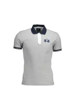 Хлопковая рубашка-поло с контрастными деталями и вышивкой логотипа La Martina, серый