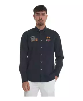 Хлопковая рубашка с длинными рукавами и вышивкой La Martina, синий